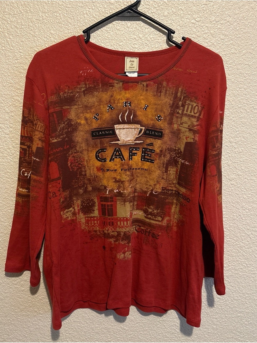 MadeintheUSA Paris Cafe Coffee Café Graphic Orange-Brown Long Sleeve Tee Cotton